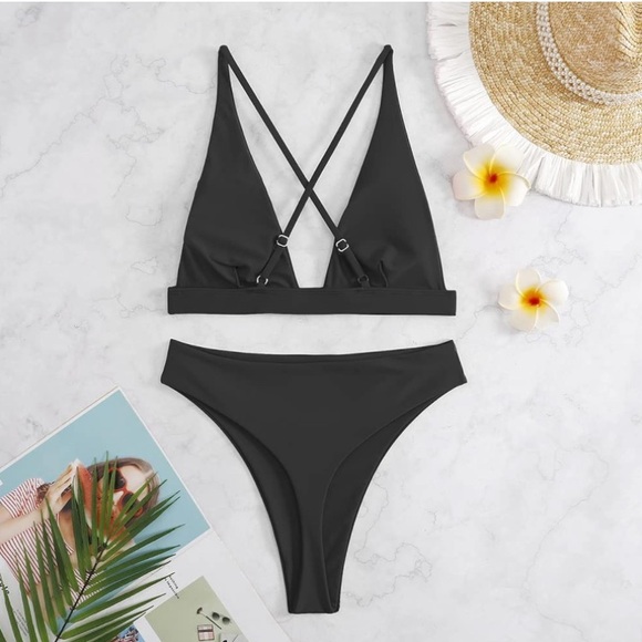 ~High Waisted Thong Bikini Set Triangle Top Deep V Neck Two Piece Swimsuit~ - Picture 2 of 10